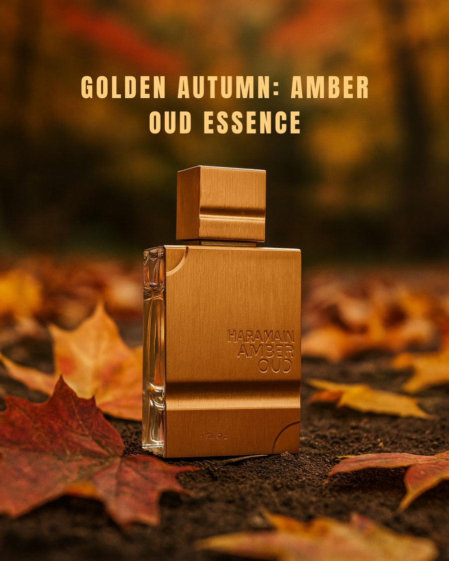 Haramain Amber Oud Gold edition perfume bottle with autumn leaves in the background
